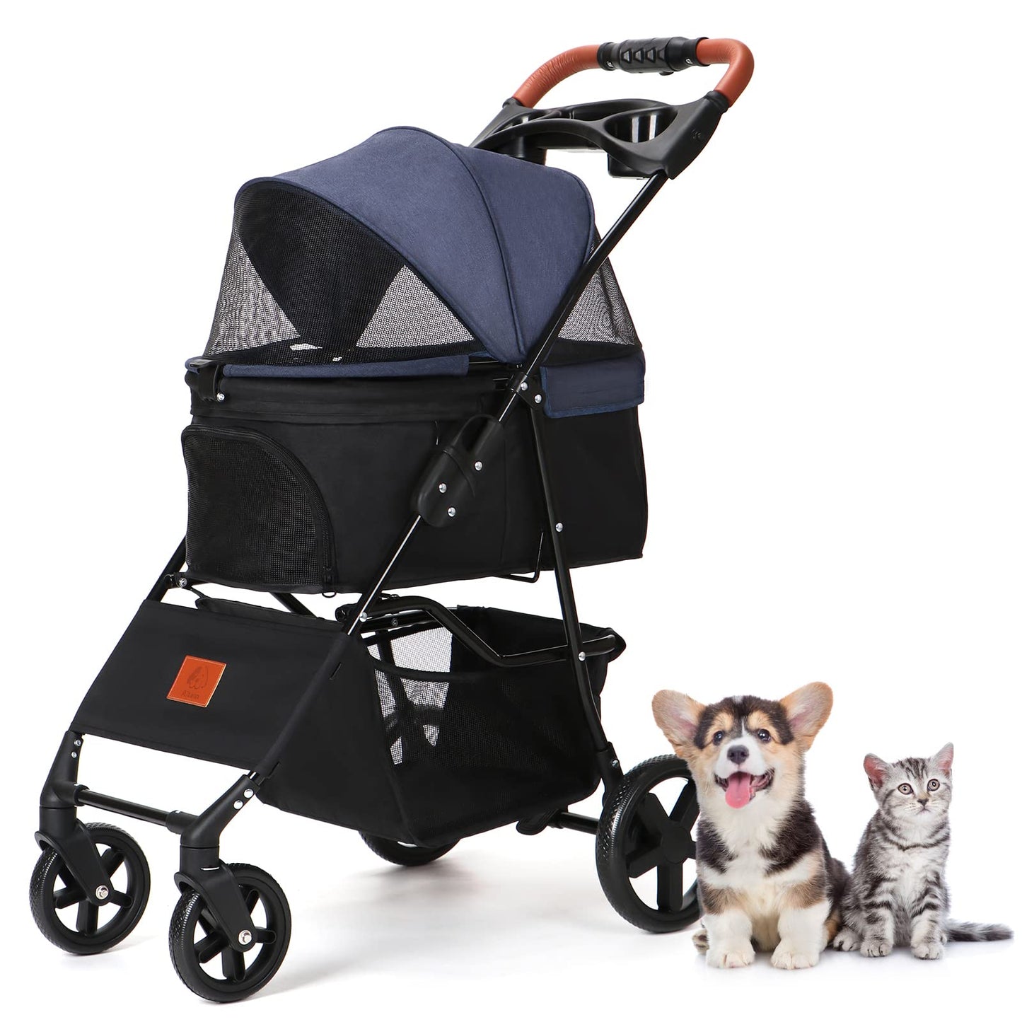 Aikenn 犬用ベビーカー 小型犬 折り畳み ペットキャリーカート ペットバギーミニ 4輪タイプ 犬介護用 猫犬兼用 前輪360°回転 後輪ブレーキ付 飛び出し防止 軽量 ワンタッチ開閉 組み立て簡単 耐荷重15KG 犬用おでかけ用品 (ブルー+ブラック)
