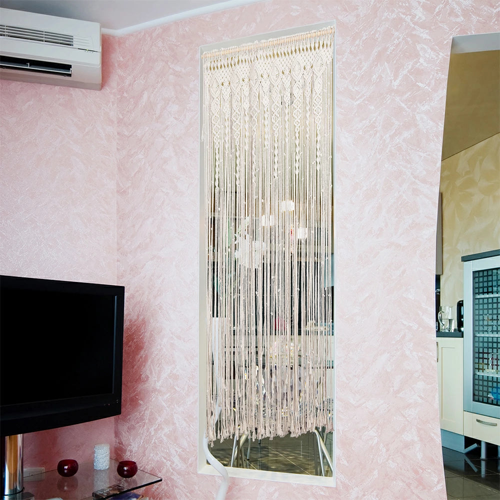 ストリングカーテン 高密度 紐 のれん 北欧 おしゃれ 幅90 180cm丈 マクラメ 壁掛け ホワイト 間仕切り 目隠し ロング 太め ハンドメイド レトロ ボヘミアンタペストリー 玄関 壁飾り