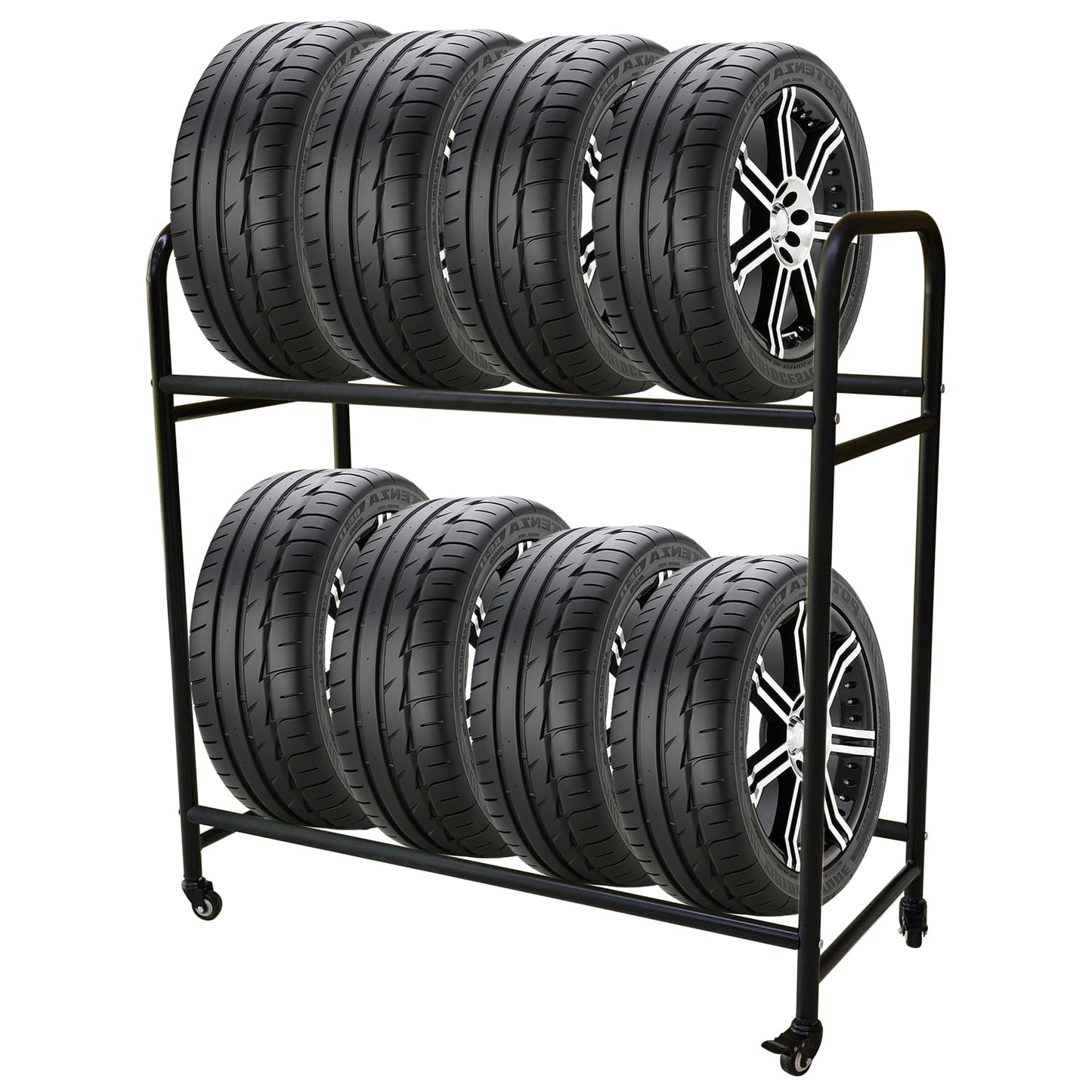 Orealauto タイヤラック タイヤスタンド 2段式タイヤラック 8-10本タイヤ収納 屋外 タイヤ カー用品 普通車 軽自動車 大型車 RV車 SUV 車 物置 保管 ワイド スペアタイヤ スタッドレスタイヤ ガレージ収納 縦置き キャスター付き タイヤラック スタンド ロック機能付き
