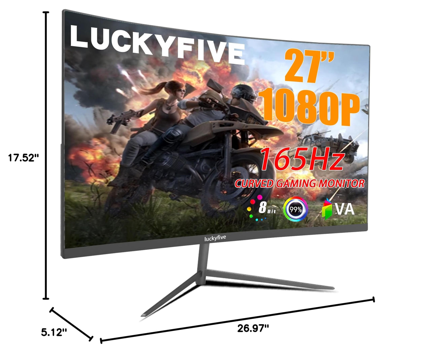 27 Inch 1080P Curved Computer Monitor, 165Hz Gaming Monitor with Built-in Speaker, 1ms VA Display Tilt Adjustment, VESA Mountable, Support HDMI and Display Port