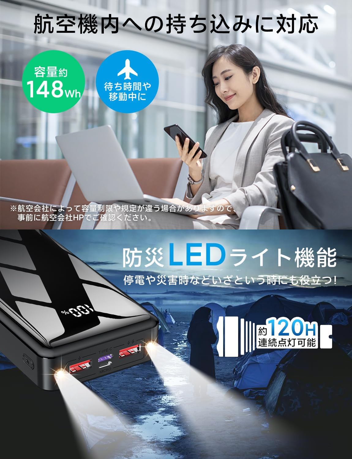【40000mAh大容量·2024新登場】モバイルバッテリー 急速充電 3台同時充電 LCD電量残量表示 PSE技術基準適合 Type-C入出力兼用 かしこく充電 iPad/iPhone/Android各種スマホ対応 安全設計 回路保護 機内持ち込み可能 旅行/出張/アウトドア/キャンプ/停電対策/防災 日本語取扱説明書