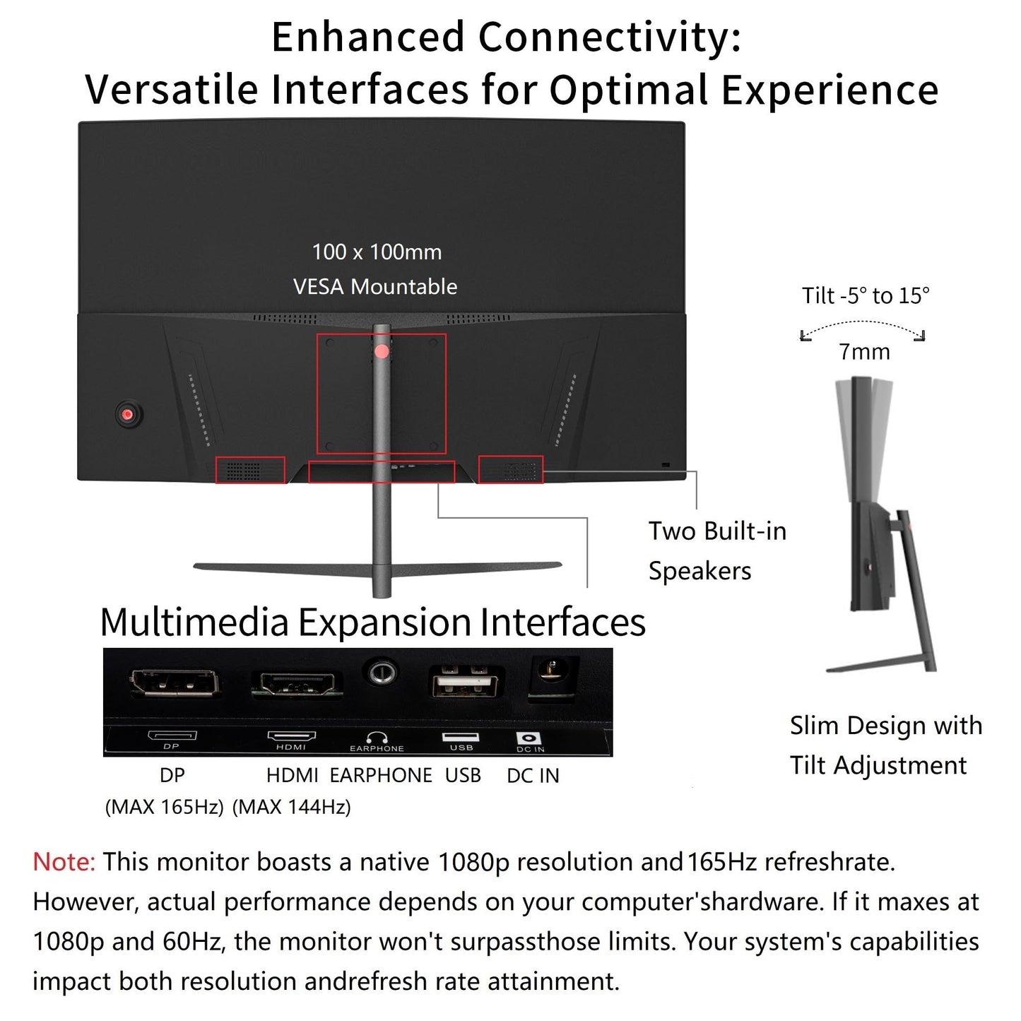 27 Inch 1080P Curved Computer Monitor, 165Hz Gaming Monitor with Built-in Speaker, 1ms VA Display Tilt Adjustment, VESA Mountable, Support HDMI and Display Port