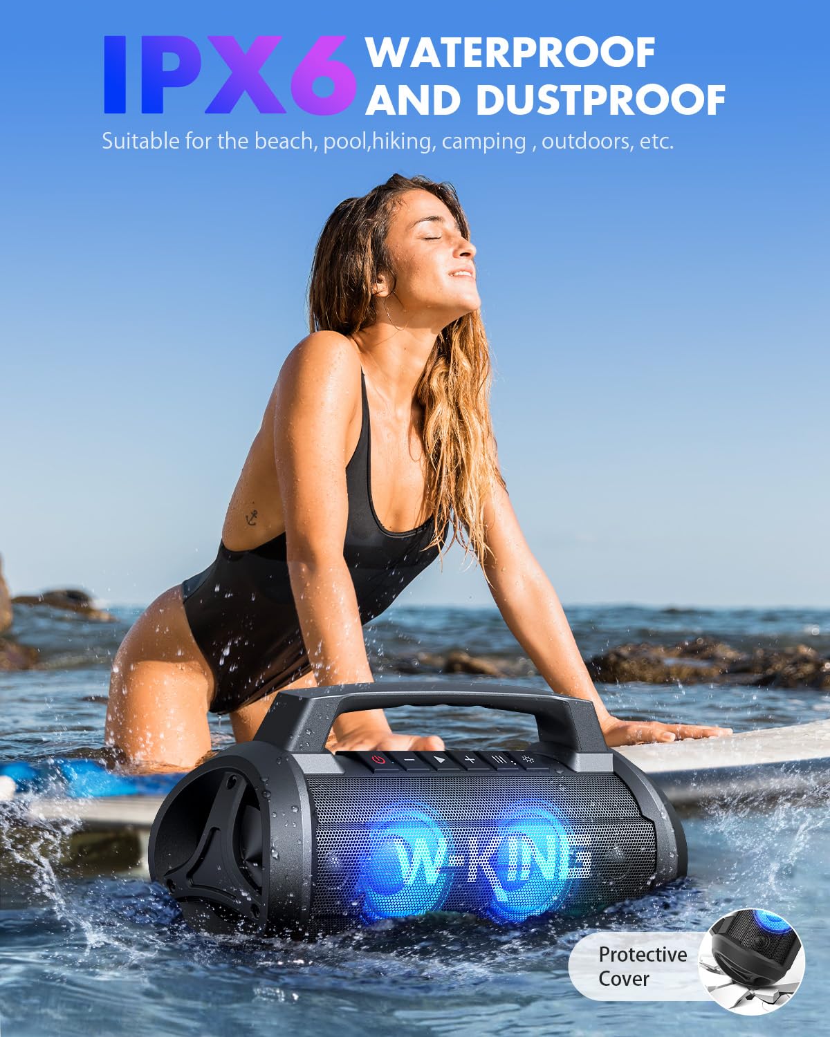 70W(120Wピーク)スピーカー bluetooth、IPX6防水 防塵 大音量、W-KING ポータブルスピーカー 、42時間連続再生、強化された低音(イコライザー)、2台ペアリング/パワーバンク、Bluetooth 5.0、マイク内蔵、TFカード対応、AUX】