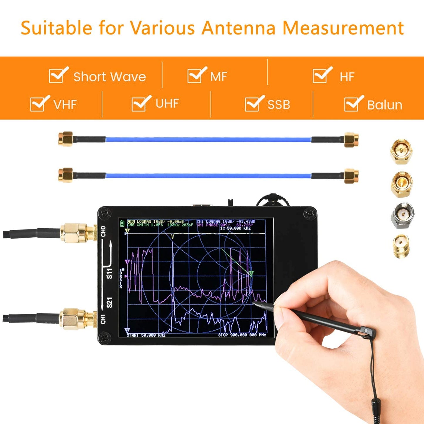 NanoVNA 50KHz-1.5GHz アンテナネットワー クアナライザ ベクトルネットワークアナライザ アンテナ アナライザー 短波MF HF VHF UHF アンテナ アナライザ定在波 アンテナアナライザ 測定Sパラメータ、電圧定在波比、Nano VNA測定ツール DIY 校正