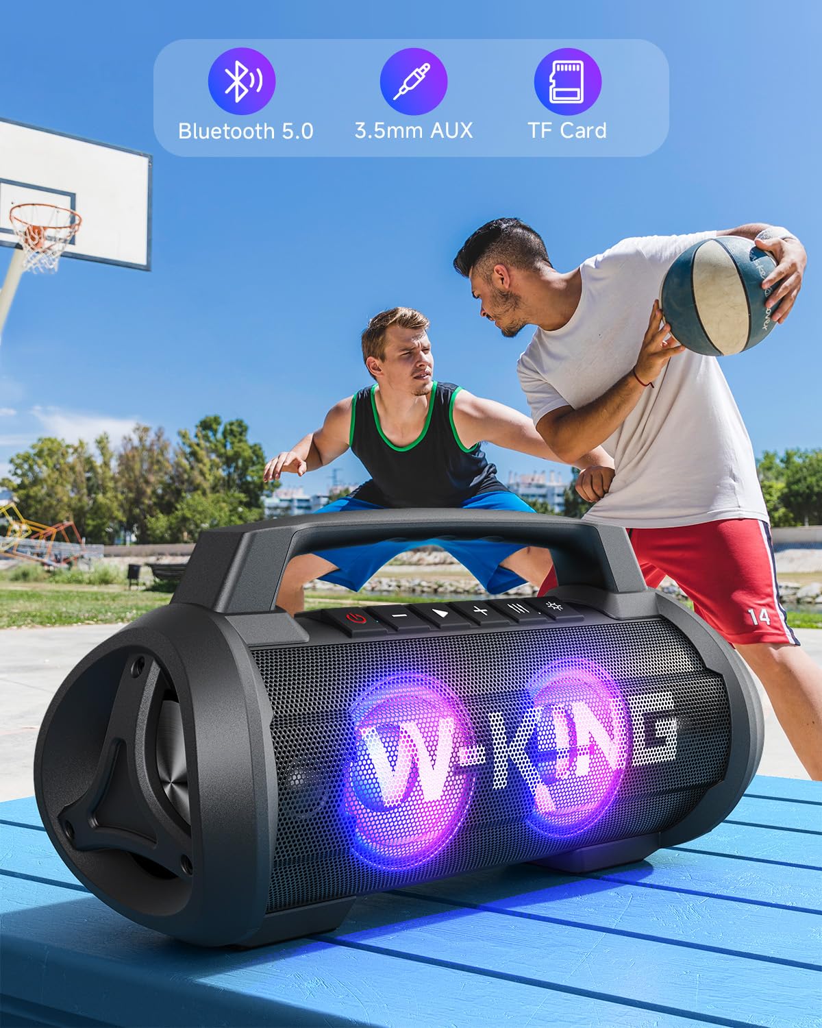 70W(120Wピーク)スピーカー bluetooth、IPX6防水 防塵 大音量、W-KING ポータブルスピーカー 、42時間連続再生、強化された低音(イコライザー)、2台ペアリング/パワーバンク、Bluetooth 5.0、マイク内蔵、TFカード対応、AUX】