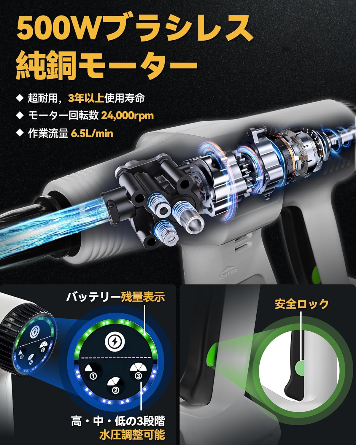 PHIZTO 高圧洗浄機 コードレス 充電式 500W 強力な噴射 8-10M 20000mAh*2 6in1多機能ジェットノズル 随時切り替え可能 電量表示スクリーン 泡スプレーボトル付き 5Mホース ABS航空素材 軽量で収納簡単 日本語説明書 収納ボックス提供洗車/庭/階段/外壁/ガラス/アウトドアに最適