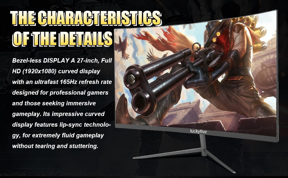 27 Inch 1080P Curved Computer Monitor, 165Hz Gaming Monitor with Built-in Speaker, 1ms VA Display Tilt Adjustment, VESA Mountable, Support HDMI and Display Port