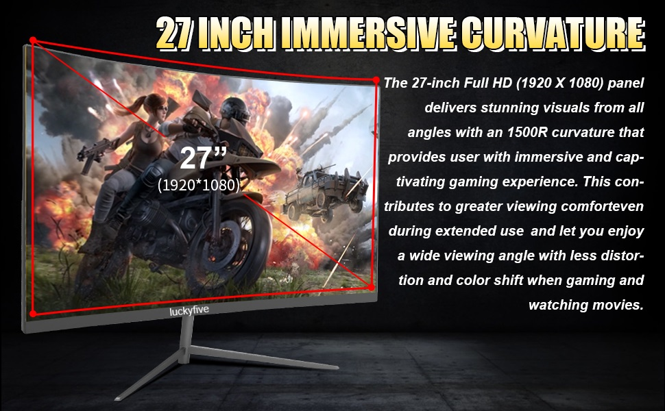 27 Inch 1080P Curved Computer Monitor, 165Hz Gaming Monitor with Built-in Speaker, 1ms VA Display Tilt Adjustment, VESA Mountable, Support HDMI and Display Port