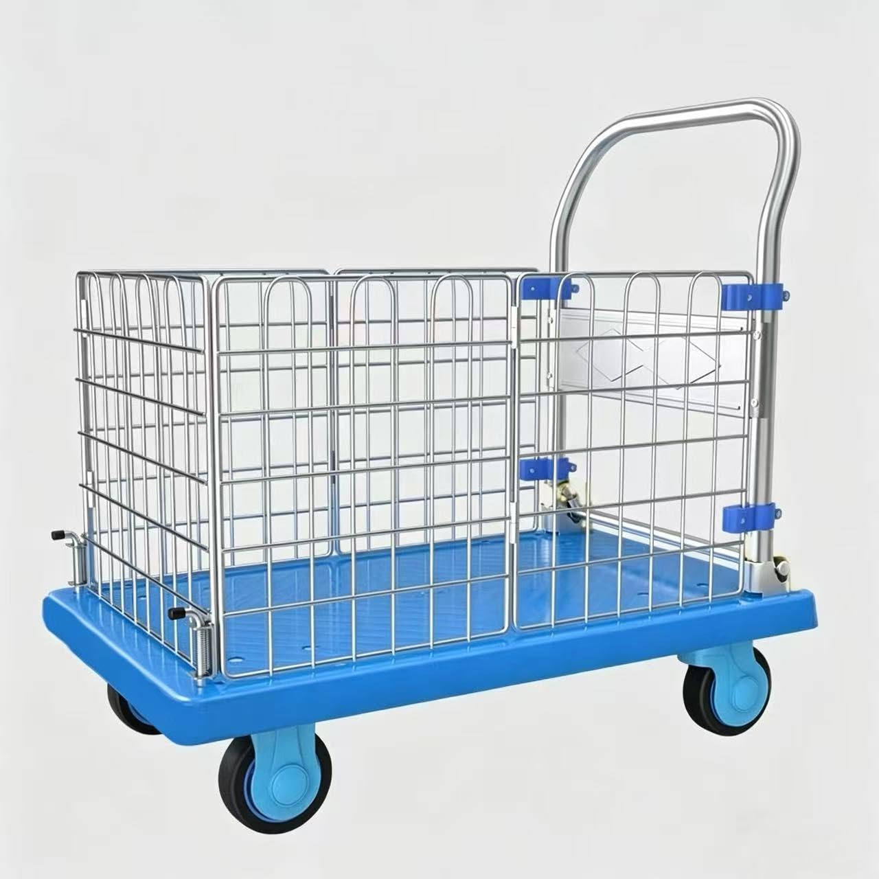 HopeFamily カゴ台車 防落柵付き 折りたたみ式カート 2way使用方法 大容量台車 TPRウィール搭載 300kg耐荷重 多量荷物一括運搬可 組み立て簡単 省スペース 家庭用 出張やスポーツシーンなどに適応 (ブルー 48×72×70cm)
