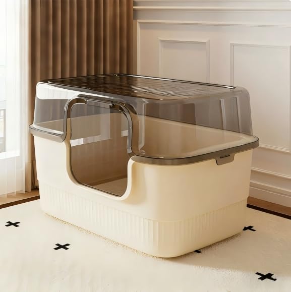 猫トイレ 大型 フルカバー ドーム型 猫のトイレ 飛び散り防止 ニオイ抑え お手入れ簡単 スコップ 透明カバーマット付き クリーム 子猫~大型猫対応 室内リビング 寝室 ペットスペース用 51×36×35cm
