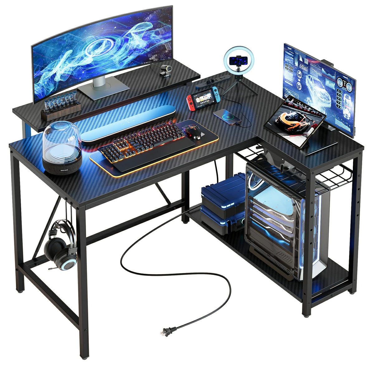 ゲーミングデスク 幅約148cm デスク コンセント2口付き L字デスク モニター台 パソコンデスク 150 usbポート&Type-C PCデスク L字デスク 150 おしゃれ 在宅勤務 棚付き L字型デスク オフィスデスク 机 ゲーミングデスク ブラック