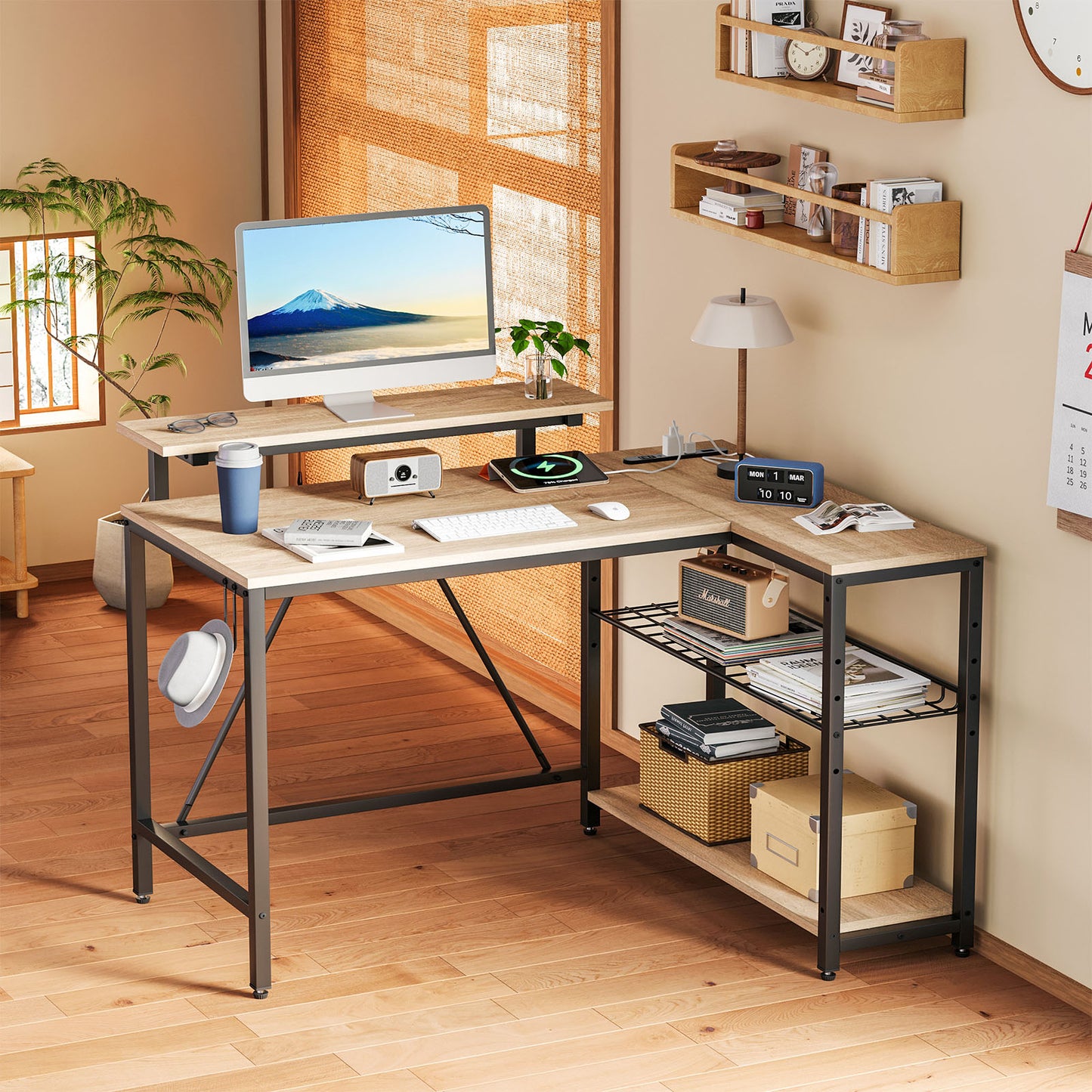 パソコンデスク デスク コンセント付き pcデスク usbポート 幅107cm PCデスク L字デスク モニター台 LEDライト付き おしゃれ 在宅勤務 デスク 棚付き L字型デスク オフィスデスク 机 パソコン ゲーミングデスク