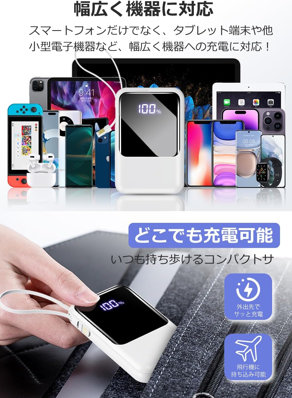 モバイルバッテリー 22000mAh 大容量 軽量 小型 防災ライト 4台同時充電 iPhone/Type-Cケーブル内蔵 急速充電 LED残量表示 スマホ充電器 iPhone/Android 全機種対応 PSE認証 旅行/出張/地震対策 お盆休み