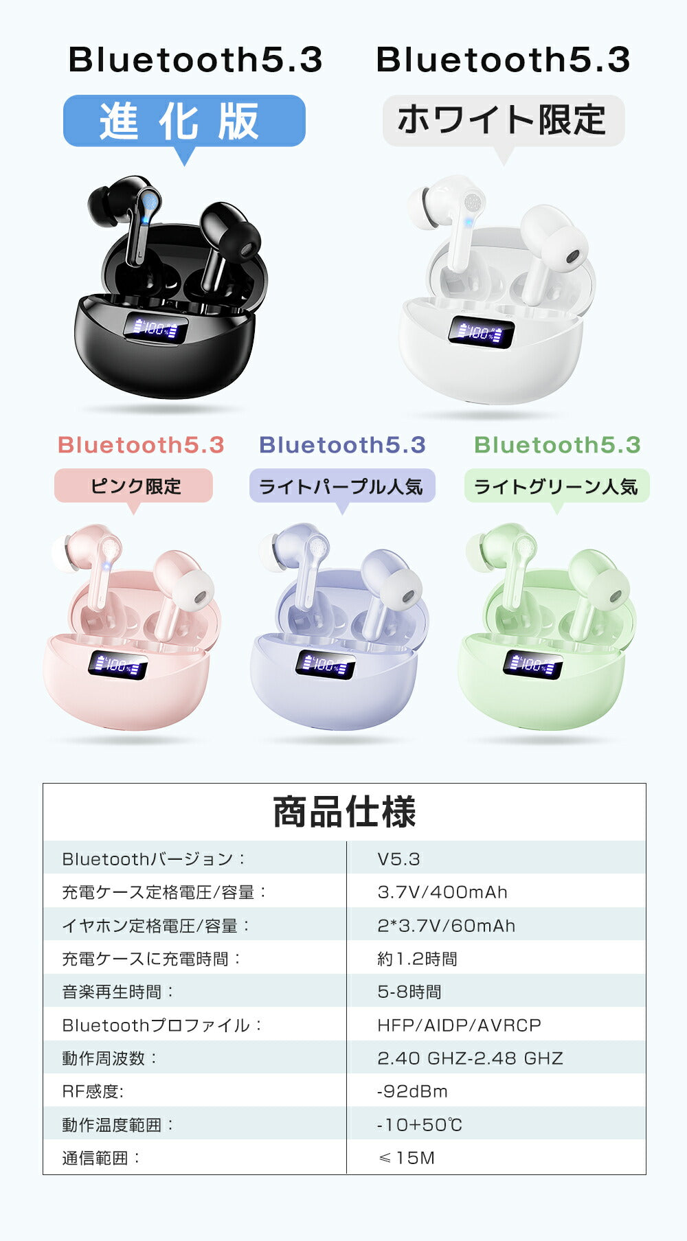 2024最新モデル ワイヤレスイヤホン bluetoothイヤホン 残量表示 イヤホン bluetooth5.3 ノイズキャンセリング 自動ペアリング 36H連続再生 Type‐C急速充電 IPX7防水 AAC対応 マイク内蔵 iPhone/Android 旅行/出張