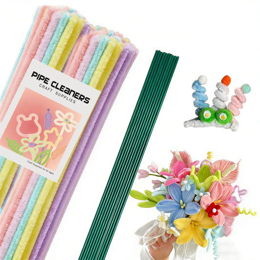 手芸モール カラーミックス 100本 人工花茎10本 工作 モール 花 カラーモール フラワーモール スティック 子供知育玩具 ワイヤーアート 骨格モール アート 造形材料 学校 手作り素材 手芸 用品 記念日 誕生日 母の日 画材