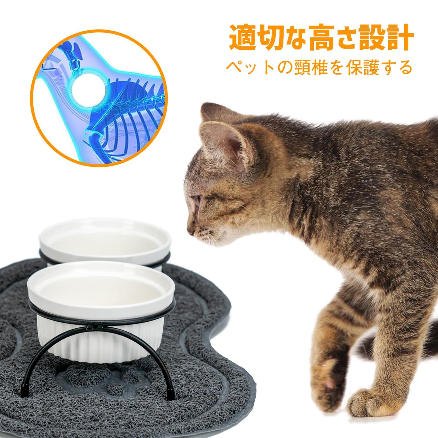 Orealauto ペットフードボウル ドッグフードボウル 猫食器 ネコボウル 犬猫用 鉄製ラックと滑り止めマット付き キャットフードボウル ペットボウルスタンド ペット用セラミック食器 ダブル おやつ皿 ねこエサ入れ 陶製 フードボウル ペット食器台 ねこご飯台 ねこエサ入れ 餌台 ペット食器台 小動物 陶器皿 頸椎を保護 首や腰への負担を軽減 吐き戻し防止 食べやすい