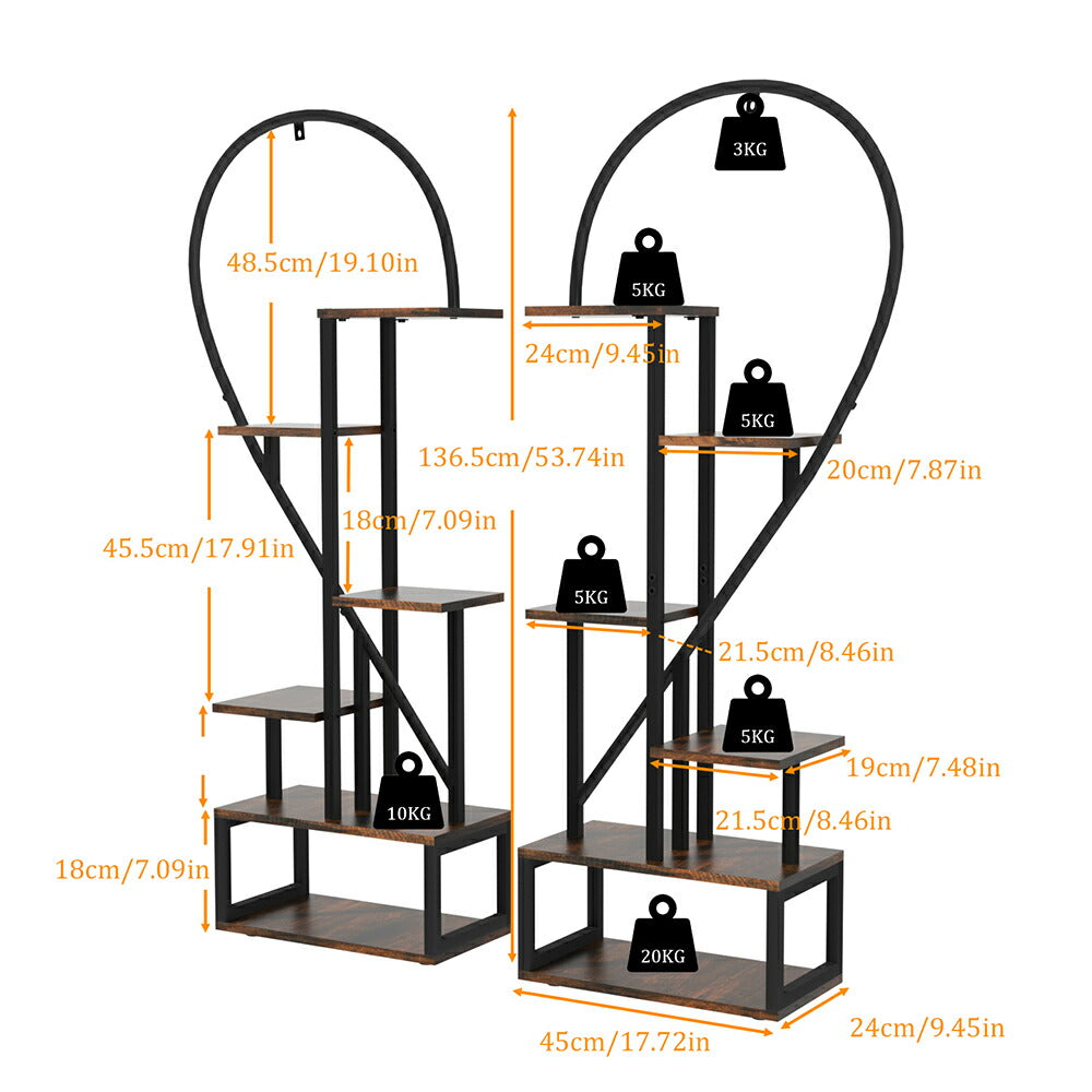 オープンシェルフ ラック フラワースタンド 木製 6段 おしゃれ ハート型 ウォールナット 間仕切り 飾り棚 可愛い 本棚 漫画 リビング ワイド 頑丈 大容量 ディスプレイラック モダン 奥行き25 幅90