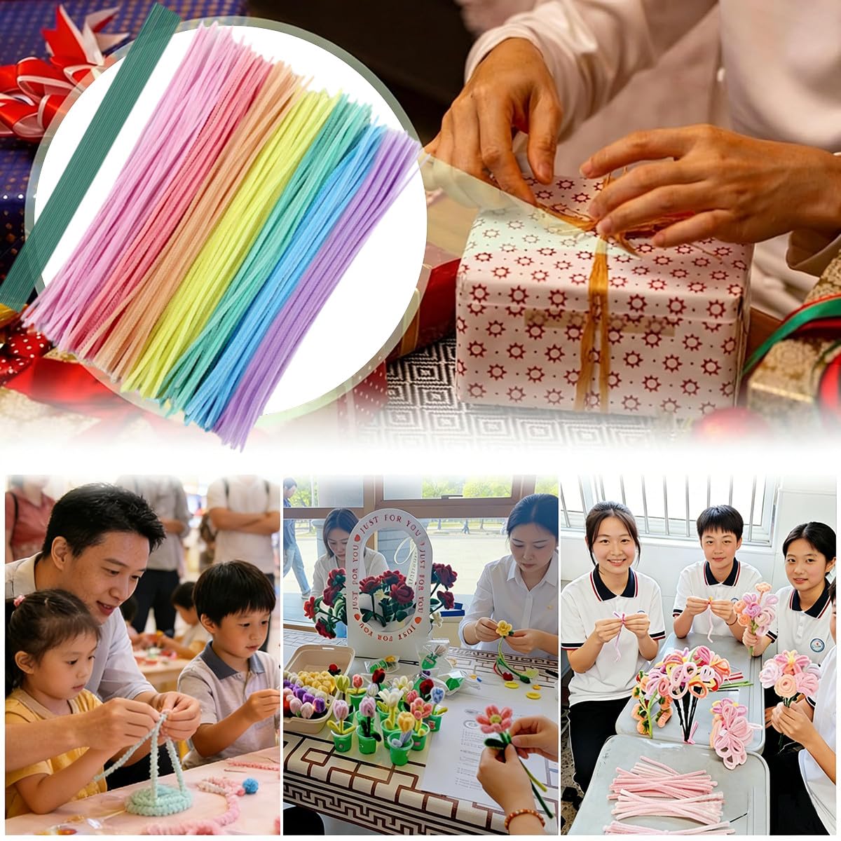 手芸モール カラーミックス 100本 人工花茎10本 工作 モール 花 カラーモール フラワーモール スティック 子供知育玩具 ワイヤーアート 骨格モール アート 造形材料 学校 手作り素材 手芸 用品 記念日 誕生日 母の日 画材