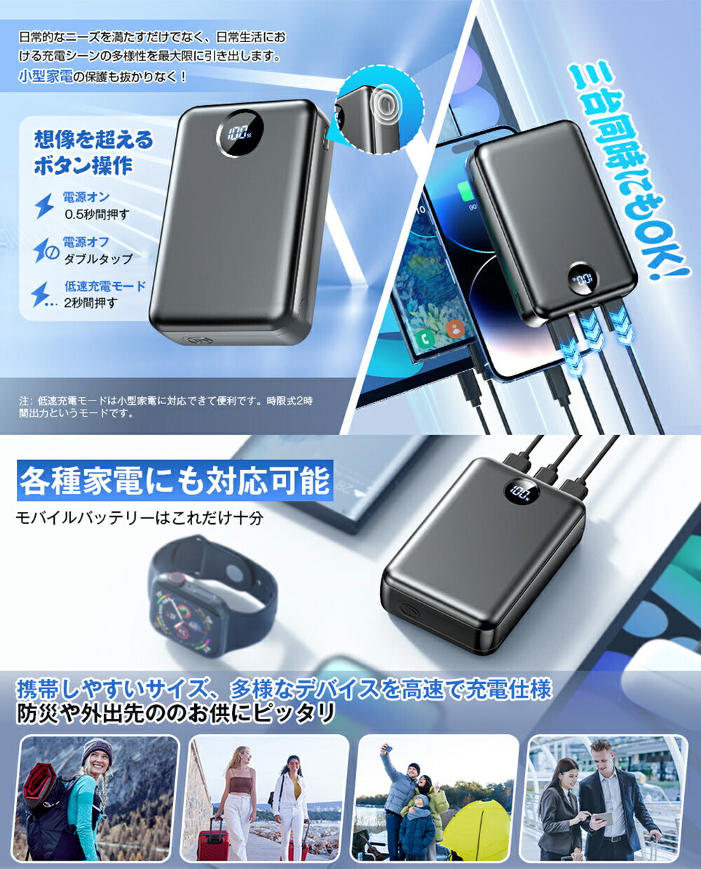 【40000mAh&急速充電】モバイルバッテリー 大容量 22.5W対応 3台同時充電 LCD残量表示 モバイルバッテリー iPhone/Android/iPad全機種対応 携帯充電器 スマホ充電器 2.4A出力 旅行/出張/停電/地震/地震対策/防災グッズ【災害時に役立つ】