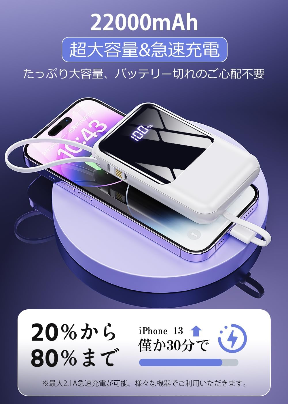 【業界最先端・ケーブル内蔵モデル】モバイルバッテリー 22000ｍAh 大容量 超薄型 急速充電対応 携帯充電器 USB-Type C入出力ポート 4台同時充電可 LED残量数字表示 スマホ充電器 驚き超軽量 コンパクト 持ち運び便利 機内持込可能 旅行/出張/アウトドア/停電/防災緊急用 PSE認証済 iPhone/iPad/Android全機種対応 防災グッズ プレゼント 日本語説明書付き