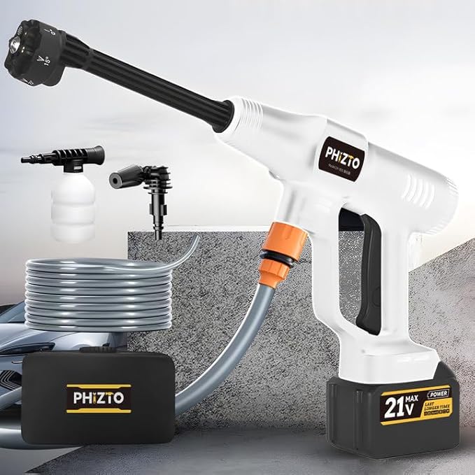 PHIZTO 高圧洗浄機 コードレス 充電式 500W 強力な噴射 8-10M 20000mAh*2 6in1多機能ジェットノズル 随時切り替え可能 電量表示スクリーン 泡スプレーボトル付き 5Mホース ABS航空素材 軽量で収納簡単 日本語説明書 収納ボックス提供洗車/庭/階段/外壁/ガラス/アウトドアに最適