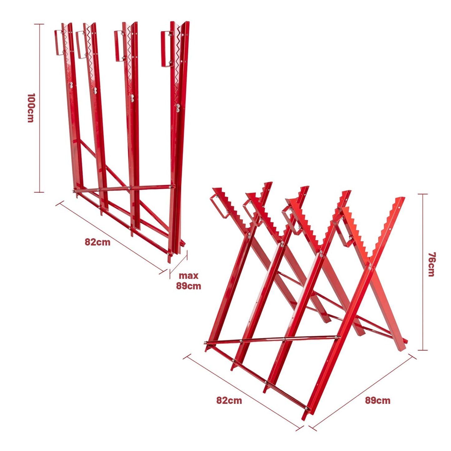Orealauto のこぎりの馬 ハンドル付き4列丸太切断スタンド 折りたたみのこぎりの馬 8鋸歯状ソーホース たたみのこぎりの馬 耐荷重100kg カッティングソースタンド 鋼構造フレーム 丸太のこぎりは ノコギリ馬 長さ82cm x 幅89cm x 高さ76cmです 高さと幅を調節可能 薪カット用丸太ソーバック ド薪サポートベン 倉庫、木材加工作業に最適【赤】