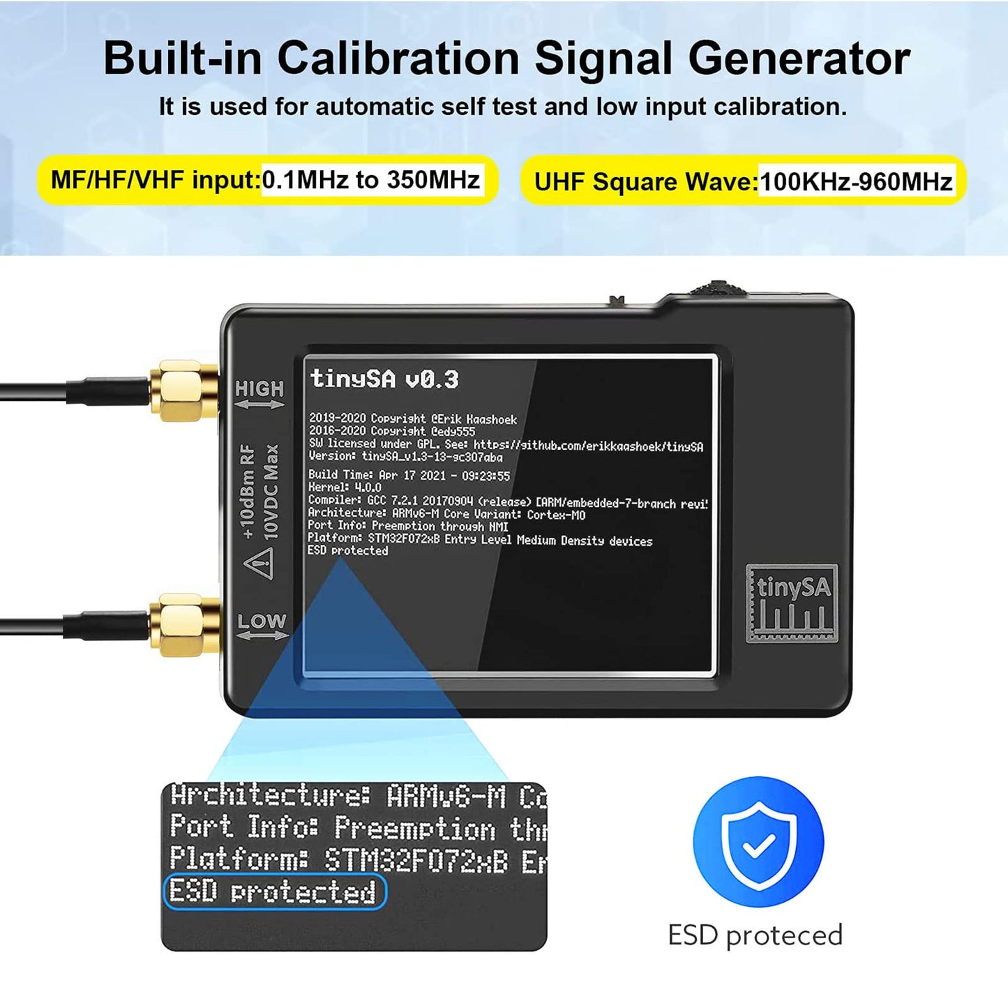 TinySAスペクトラムアナライザハンドヘルド、100kHz〜960MHzポータブル2.8インチタッチスクリーン周波数アナライザMF / HF/VHF UHF入力、650mAバッテリー付き信号発生器として