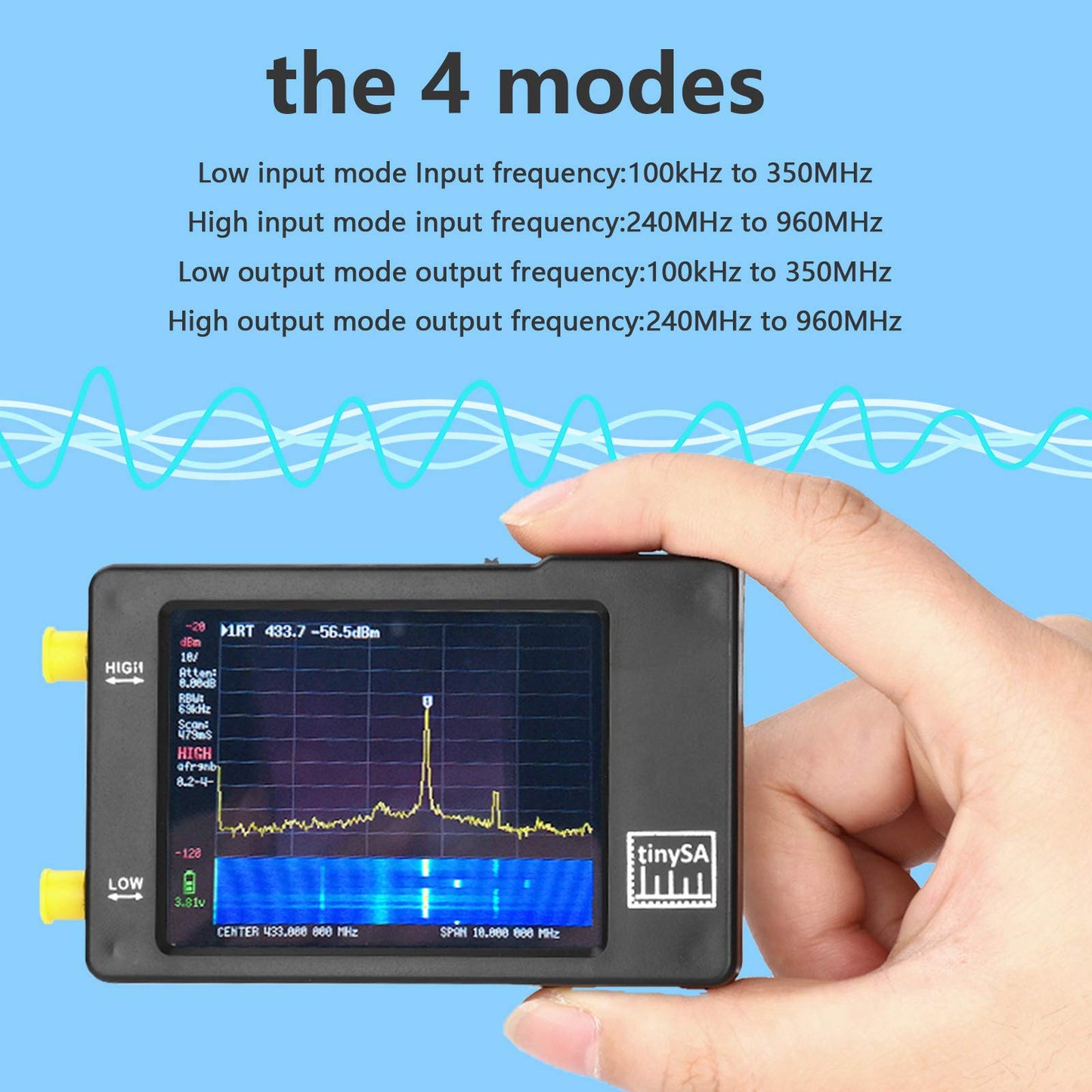 TinySAスペクトラムアナライザハンドヘルド、100kHz〜960MHzポータブル2.8インチタッチスクリーン周波数アナライザMF / HF/VHF UHF入力、650mAバッテリー付き信号発生器として