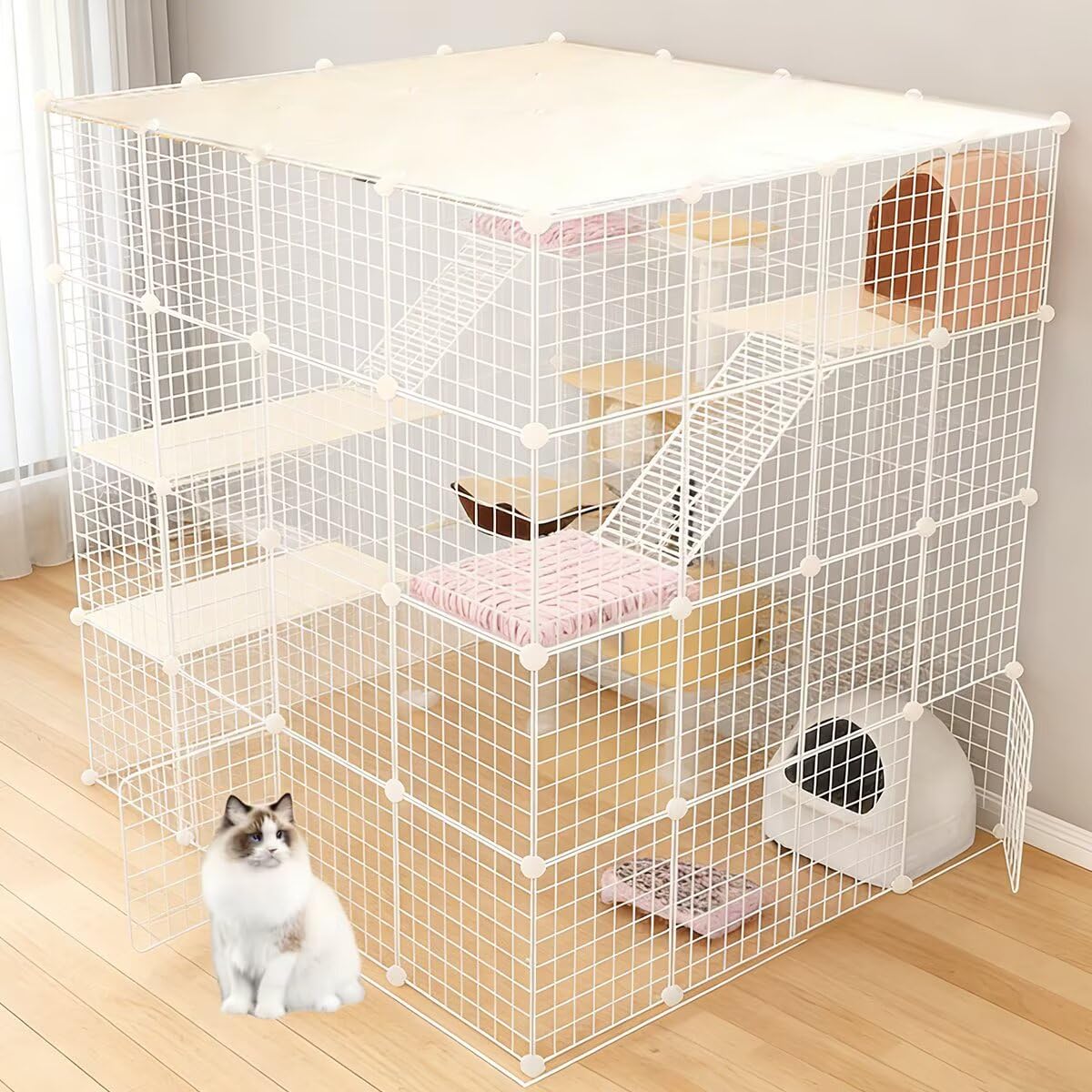 大型猫用ケージ 4 段式 147×147×146cm はしご付き 多頭飼い対応 広々空間 脱走防止 お手入れ簡単 組立簡単