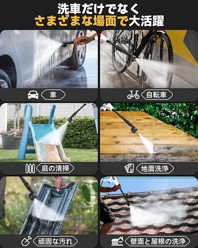 PHIZTO 高圧洗浄機 コードレス 充電式 500W 強力な噴射 8-10M 20000mAh*2 6in1多機能ジェットノズル 随時切り替え可能 電量表示スクリーン 泡スプレーボトル付き 5Mホース ABS航空素材 軽量で収納簡単 日本語説明書 収納ボックス提供洗車/庭/階段/外壁/ガラス/アウトドアに最適
