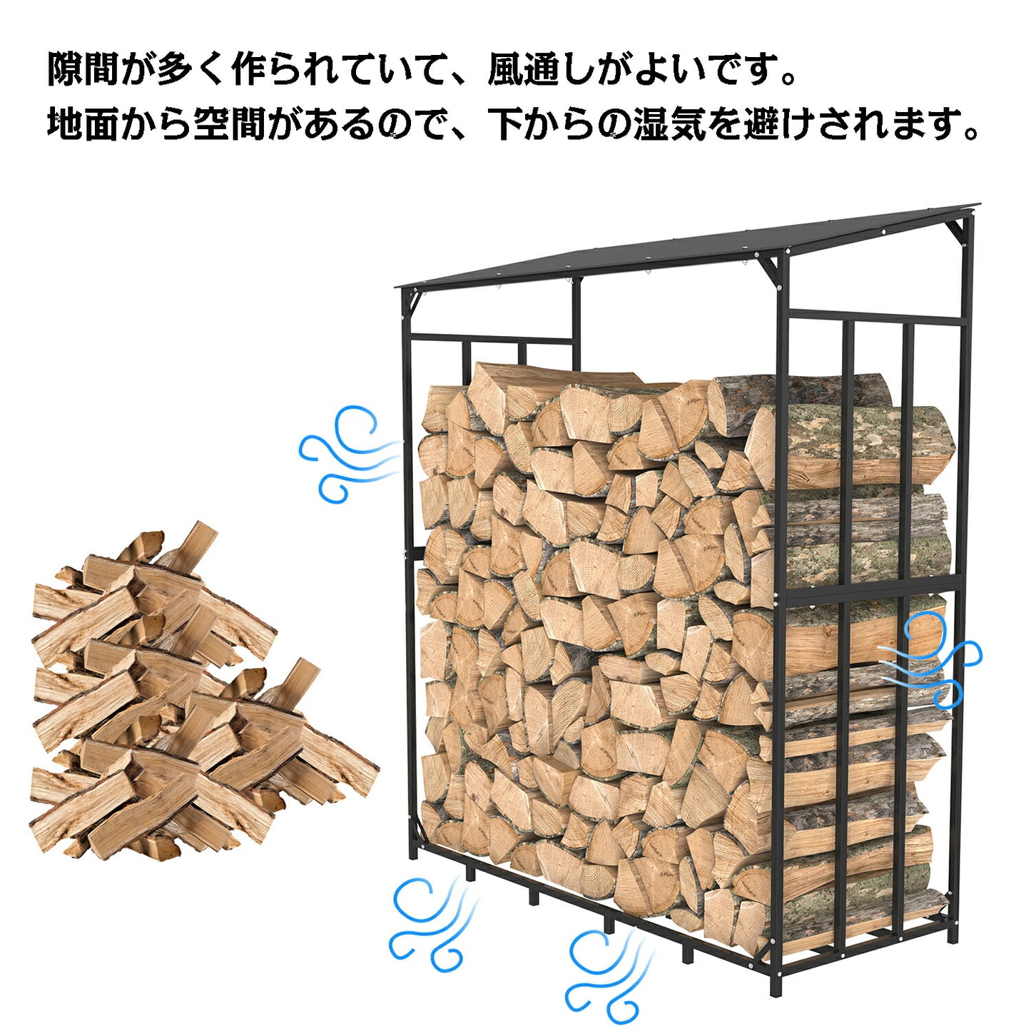 薪ラック 屋根付き 屋外 薪棚 ログラック 薪置き 大 薪小屋 薪の保管 幅160cm ログホルダー ブラック