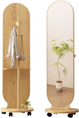 スタンドミラー 車輪付き 全身ミラー 姿見鏡 幅36*高さ1170CM ハンガーラック 洋服ラック 360°回転 移動自由 隙間収納 フック付き 多機能 省スペース設計 業務用 北欧デザイン 新生活 一人暮らし 玄関 寝室に最適 原木