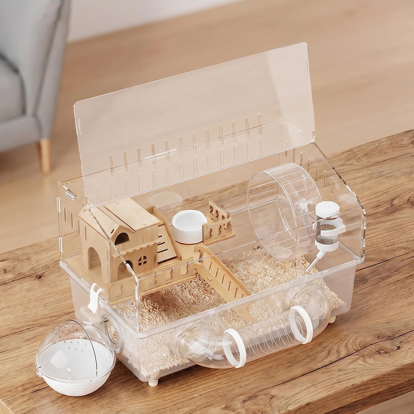 ハムスターケージ 透明二段式 ペットケージ 広々空間 水飲み器・木製ハウス・ランニングホイール・パイプ付属 飼育箱 組み立て簡単 通気性良好 多頭飼い 分離可能で掃除簡単 耐摩耗 耐噛み 環境に優しい素材 脱走防止 快適な環境 小動物最適