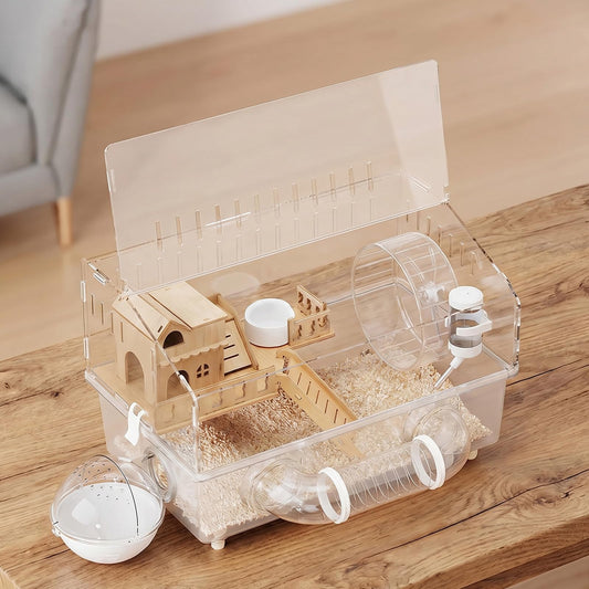 ハムスターケージ 透明二段式 ペットケージ 広々空間 水飲み器・木製ハウス・ランニングホイール・パイプ付属 飼育箱 組み立て簡単 通気性良好 多頭飼い 分離可能で掃除簡単 耐摩耗 耐噛み 環境に優しい素材 脱走防止 快適な環境 小動物最適