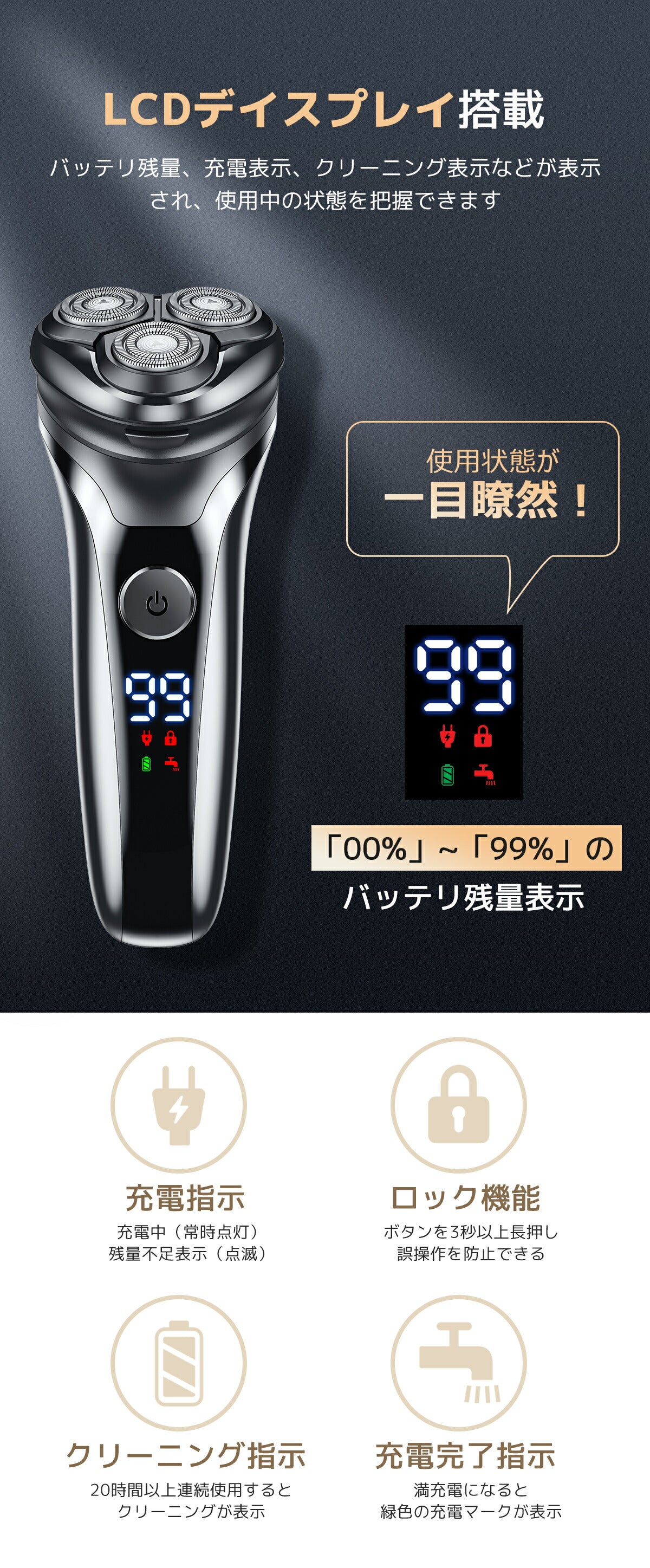 KYH シェーバー 髭剃り 電気シェーバー 深剃り シェーバー メンズ ひげそり 電動シェーバー メンズシェーバー IPX7防水 乾湿両用 大型LCD液晶 360°回転式 USB充電式 ロック機能